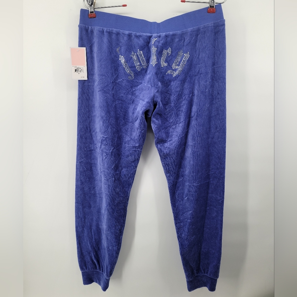 Juicy Couture Velour Blue Track Pants With Crystal Spell out Size Medium